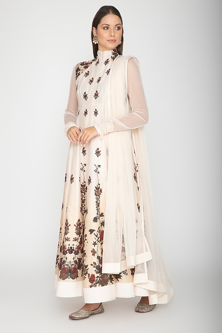 Ivory Digital Printed Party Wear Anarkali With Dupatta by Rohit Bal at Pernia's Pop Up Shop