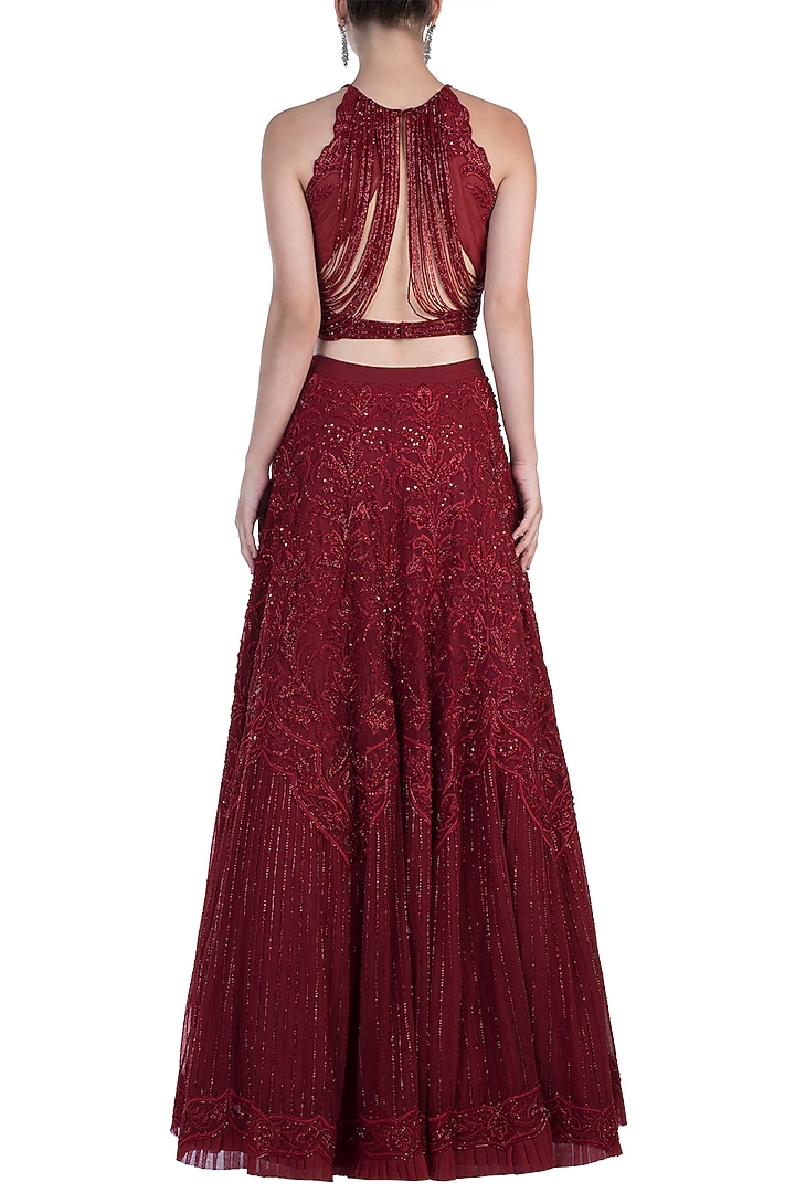 Red embroidered bridal lehenga set available only at Pernia's Pop Up Shop.
