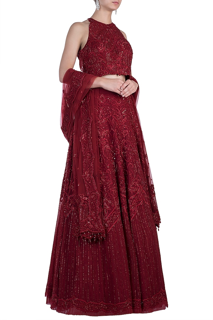 Red embroidered bridal lehenga set available only at Pernia's Pop Up Shop.