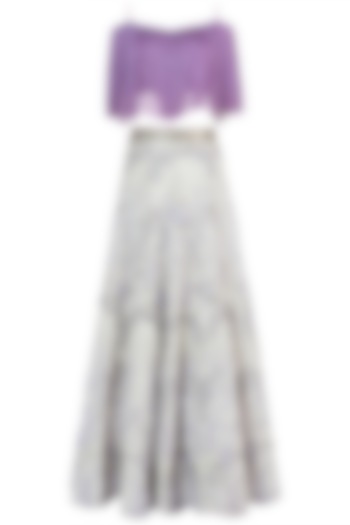 Lavender and White Embroidered Lehenga Set by Rebecca Dewan