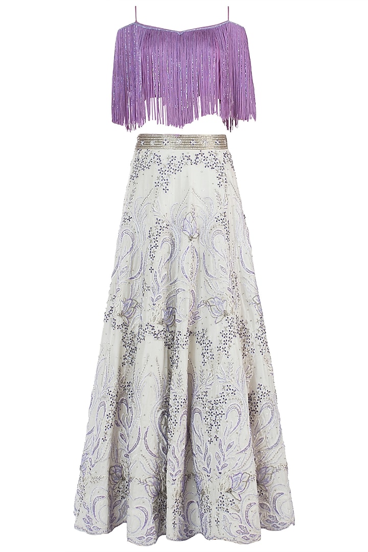 Lavender and White Embroidered Lehenga Set by Rebecca Dewan
