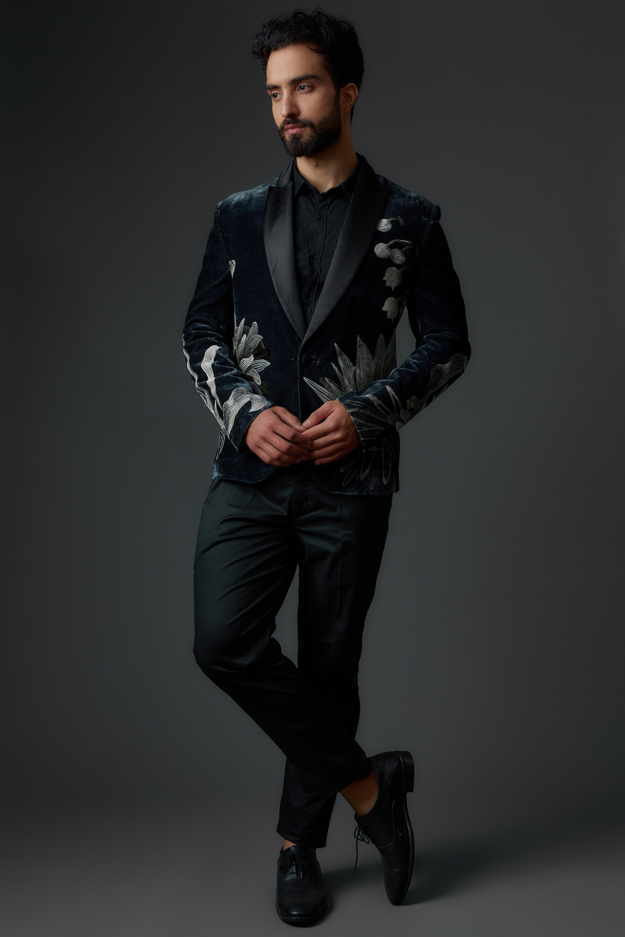 Black Silk Velvet Hand Embroidered Tuxedo by Rohit Bal Men