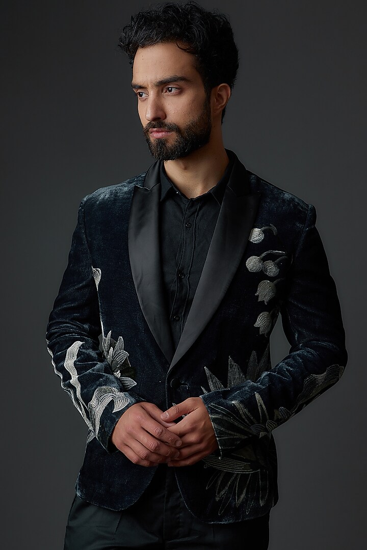 Black Silk Velvet Hand Embroidered Tuxedo by Rohit Bal Men at Pernia's Pop Up Shop
