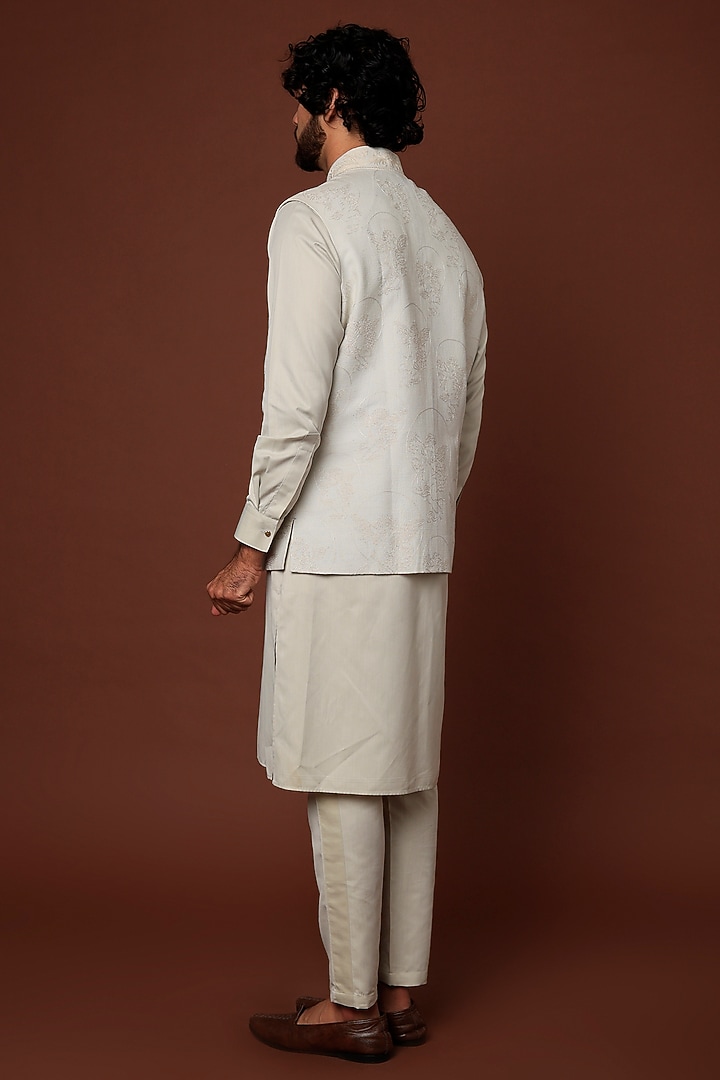 Powder Blue Matka Silk Machine Embroidered Nehru Jacket by Rohit Bal Men at Pernia's Pop Up Shop