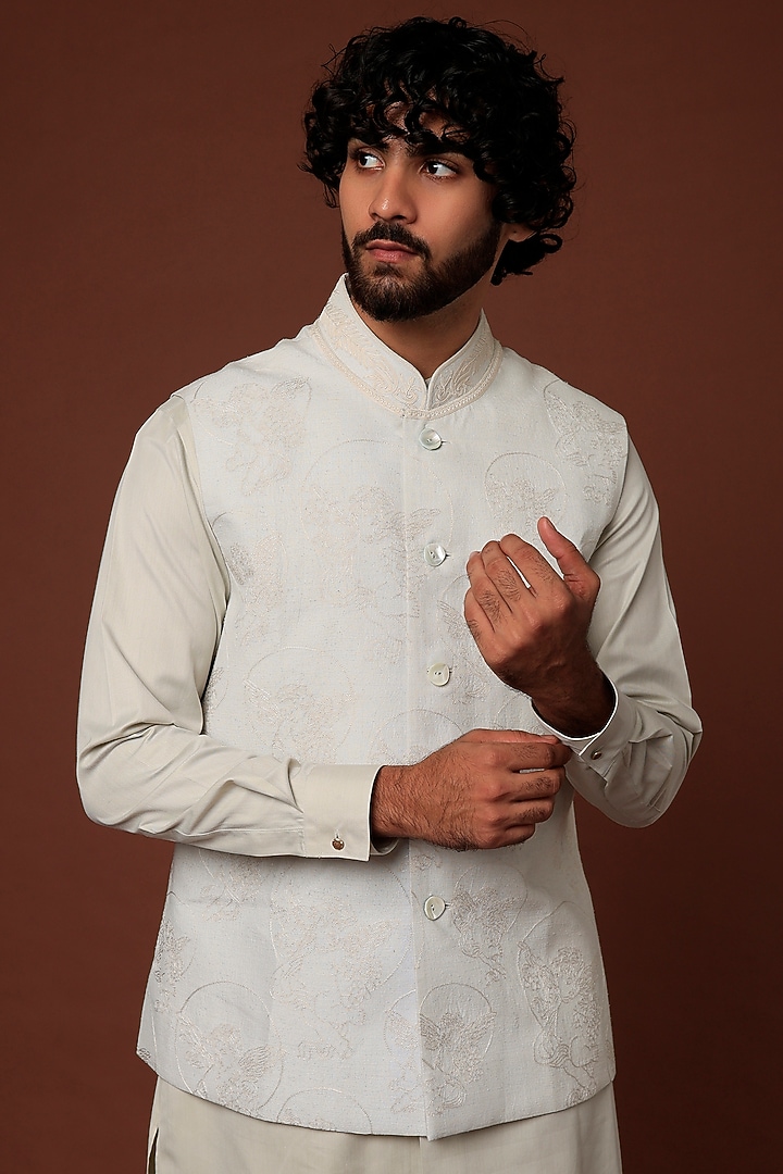 Powder Blue Matka Silk Machine Embroidered Nehru Jacket by Rohit Bal Men at Pernia's Pop Up Shop