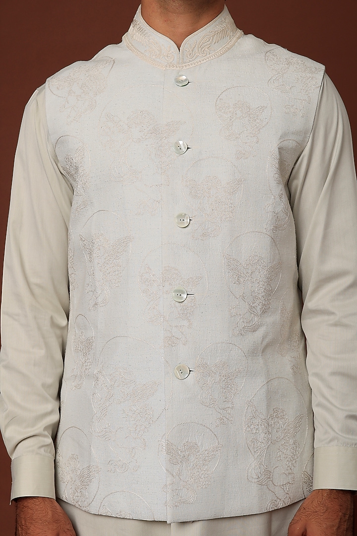 Powder Blue Matka Silk Machine Embroidered Nehru Jacket by Rohit Bal Men at Pernia's Pop Up Shop