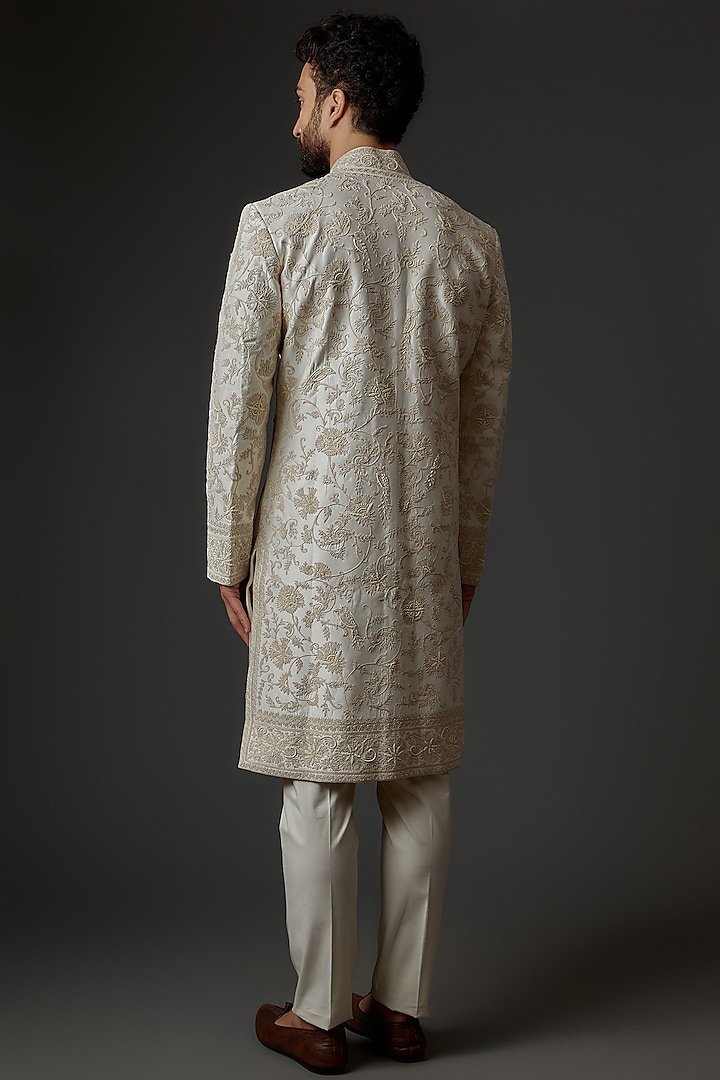 Ivory Chanderi Silk Machine & Hand Embroidered Groom Sherwani  by Rohit Bal Men at Pernia's Pop Up Shop