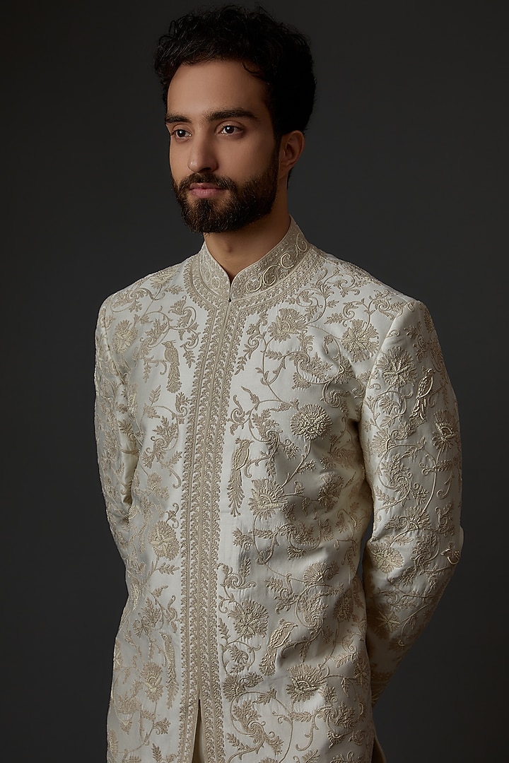 Ivory Chanderi Silk Machine & Hand Embroidered Groom Sherwani  by Rohit Bal Men at Pernia's Pop Up Shop