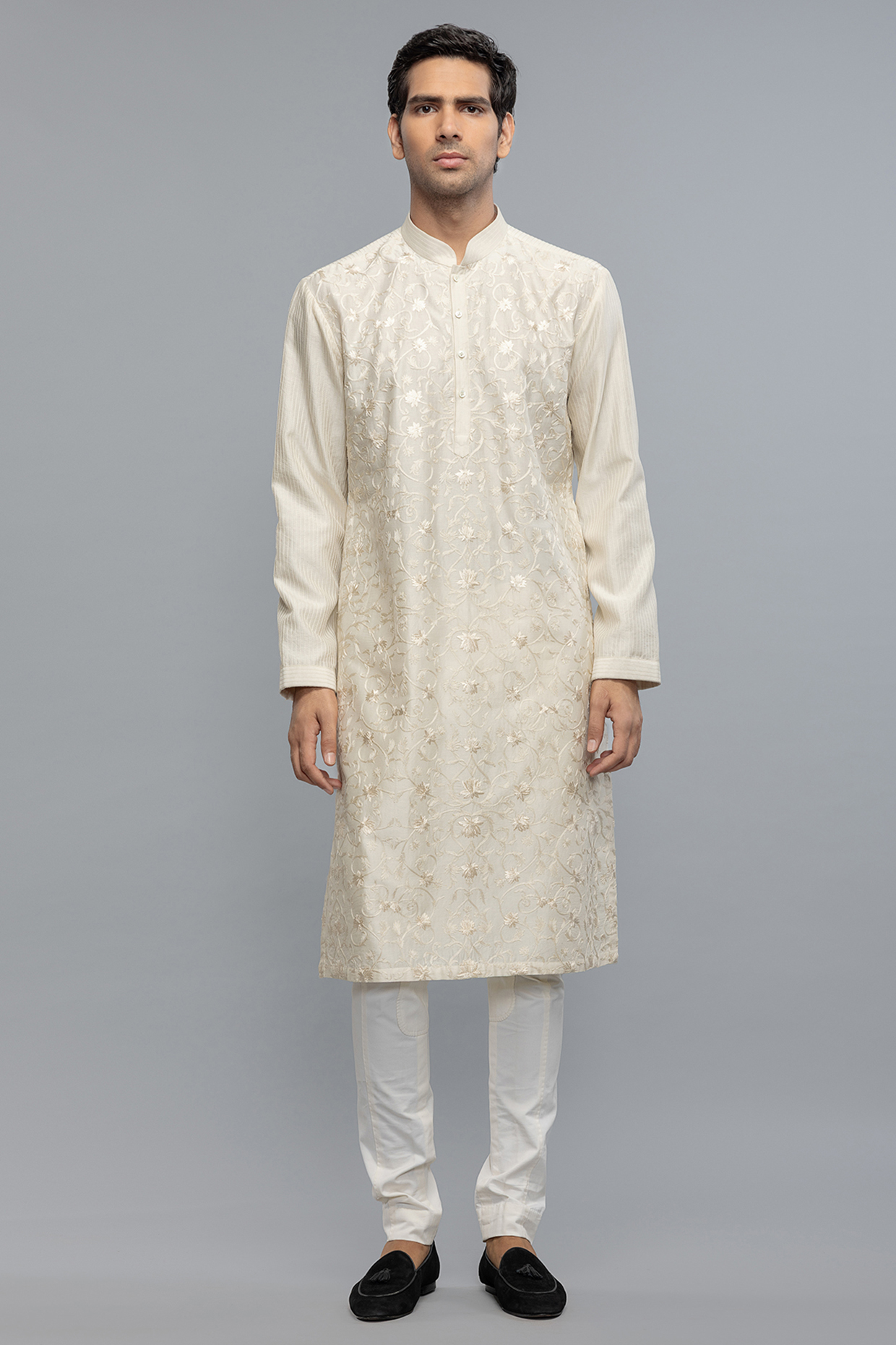Ivory Chanderi Thread & Resham Embroidered Kurta Set by Rohit Bal Men