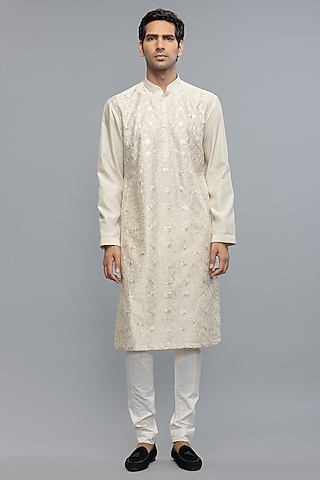 Ivory Chanderi Thread & Resham Embroidered Kurta Set by Rohit Bal Men