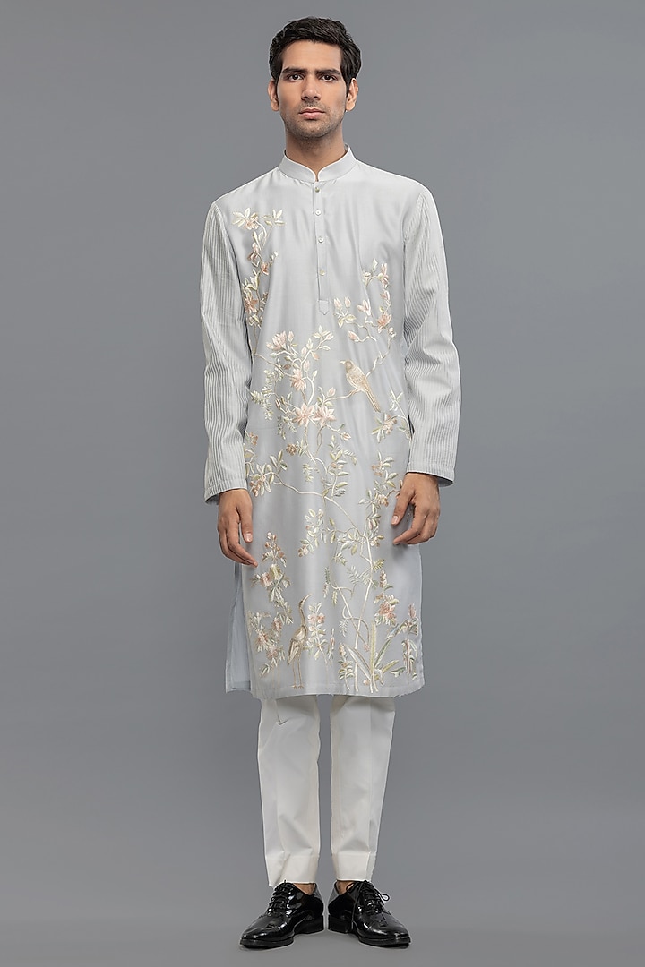 Powder Blue Chanderi Resham Embroidered Kurta Set by Rohit Bal Men at Pernia's Pop Up Shop