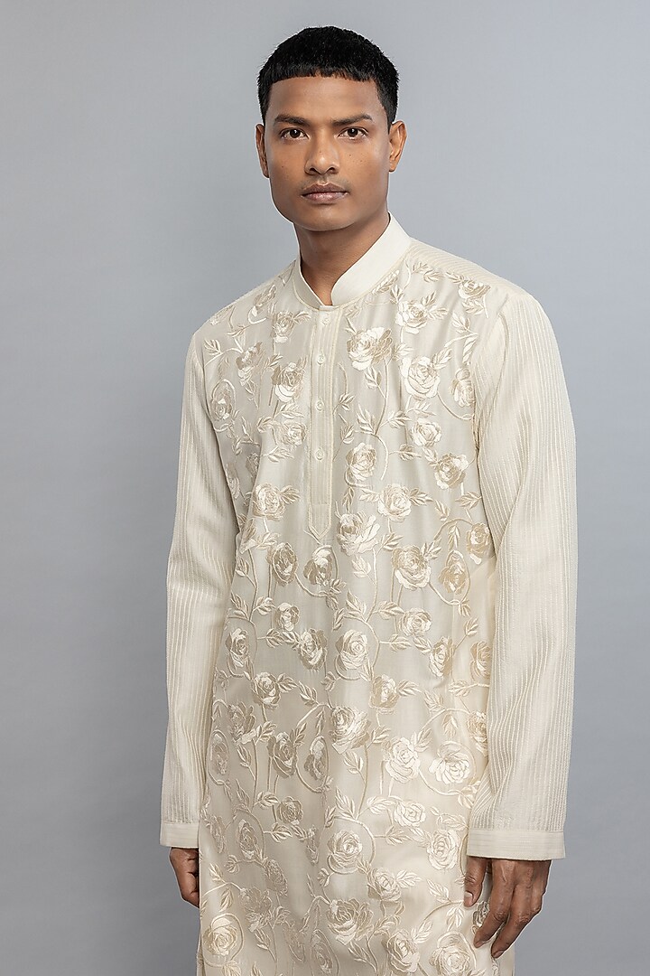 Ivory Chanderi Thread & Resham Embroidered Kurta Set by Rohit Bal Men at Pernia's Pop Up Shop
