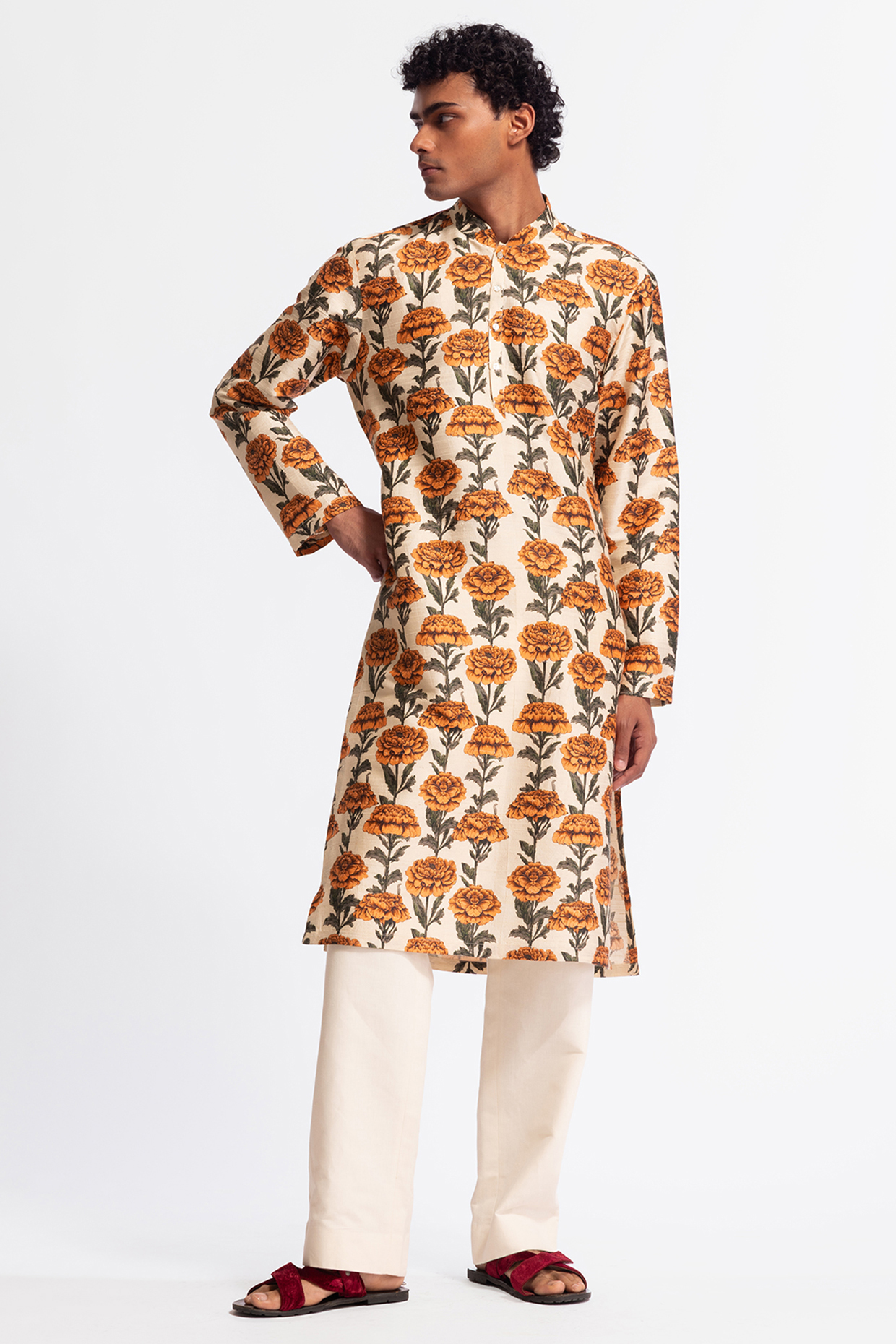 Ivory Dupion Silk Printed Short Kurta Set by Rohit Bal Men