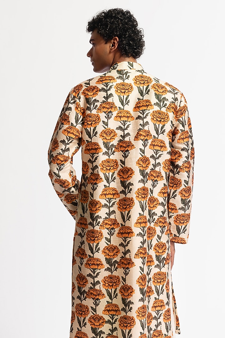 Ivory Dupion Silk Printed Short Kurta Set by Rohit Bal Men at Pernia's Pop Up Shop