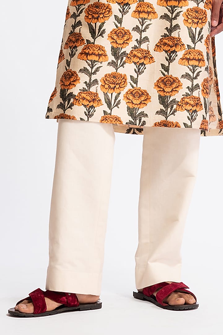 Ivory Dupion Silk Printed Short Kurta Set by Rohit Bal Men at Pernia's Pop Up Shop