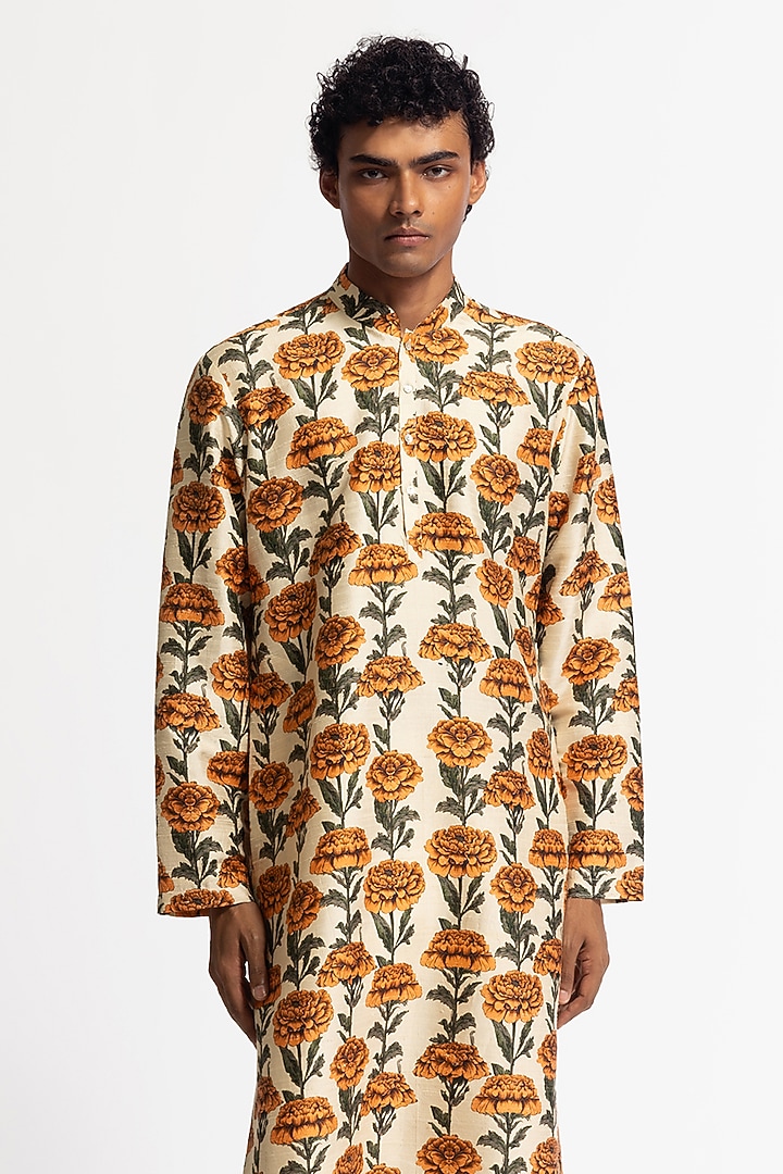 Ivory Dupion Silk Printed Short Kurta Set by Rohit Bal Men at Pernia's Pop Up Shop