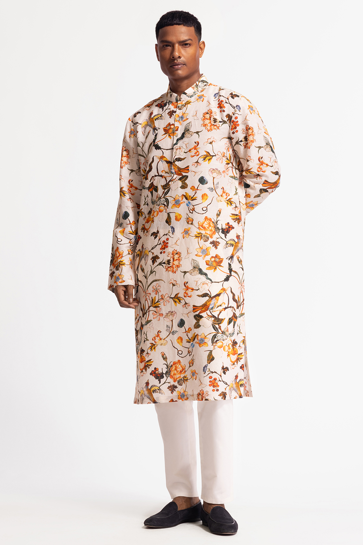 Ivory Dupion Silk Printed Short Kurta Set by Rohit Bal Men