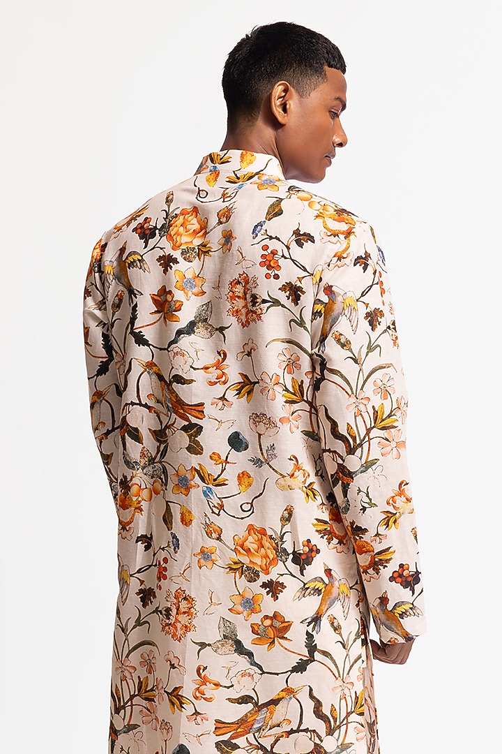 Ivory Dupion Silk Printed Short Kurta Set by Rohit Bal Men at Pernia's Pop Up Shop