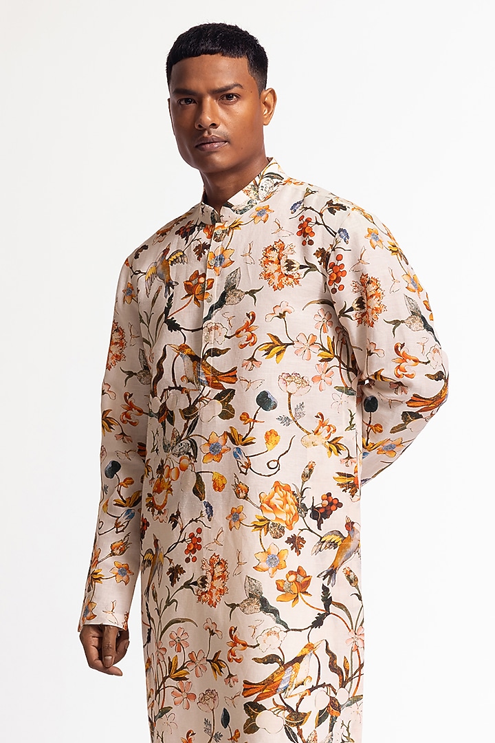 Ivory Dupion Silk Printed Short Kurta Set by Rohit Bal Men at Pernia's Pop Up Shop