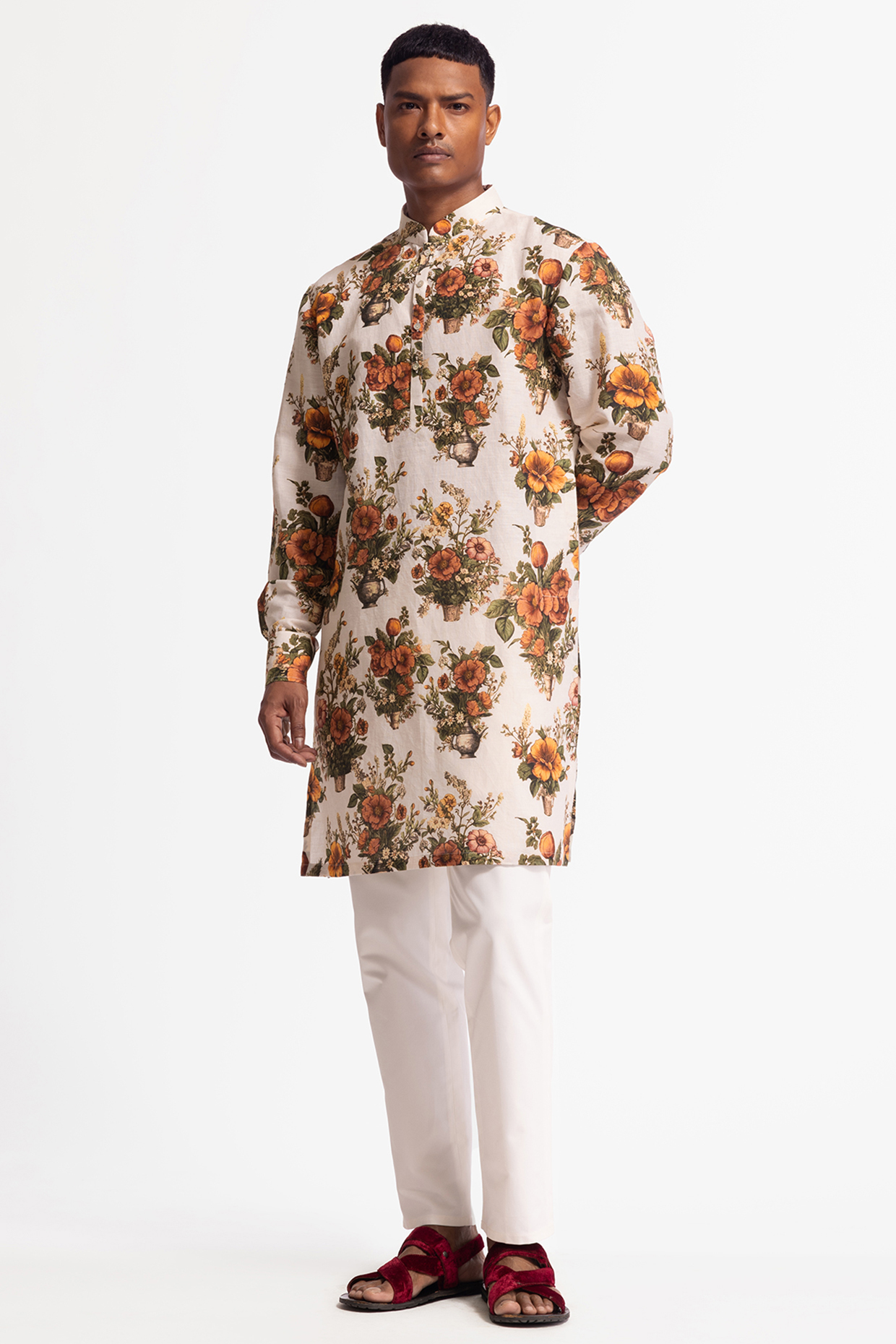 Ivory Dupion Silk Printed Short Kurta Set by Rohit Bal Men