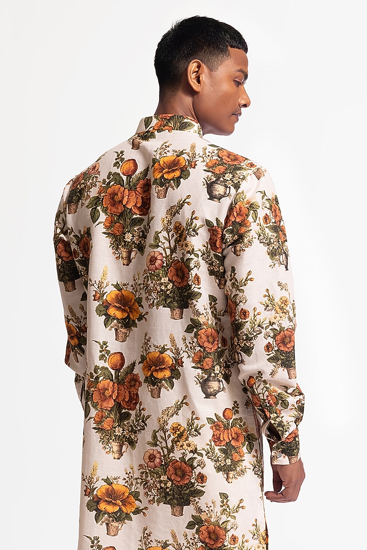 Ivory Dupion Silk Printed Short Kurta Set by Rohit Bal Men at Pernia's Pop Up Shop