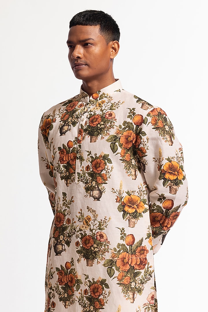 Ivory Dupion Silk Printed Short Kurta Set by Rohit Bal Men at Pernia's Pop Up Shop