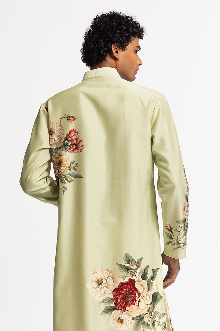 Sage Green Chanderi Floral Printed Kurta Set by Rohit Bal Men at Pernia's Pop Up Shop
