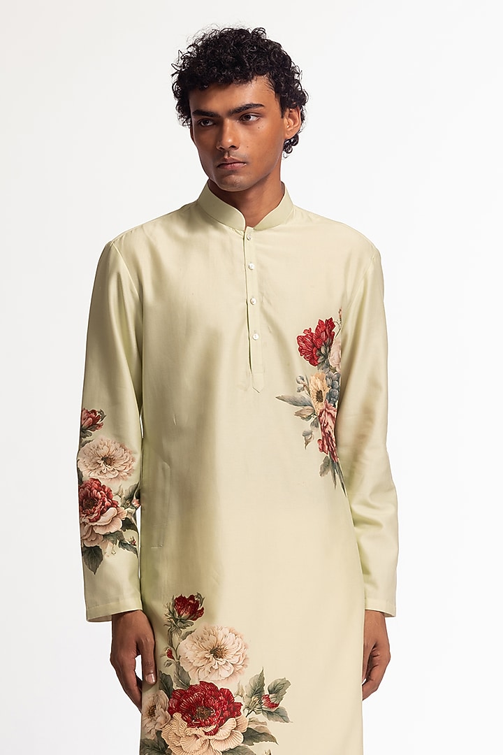 Sage Green Chanderi Floral Printed Kurta Set by Rohit Bal Men at Pernia's Pop Up Shop