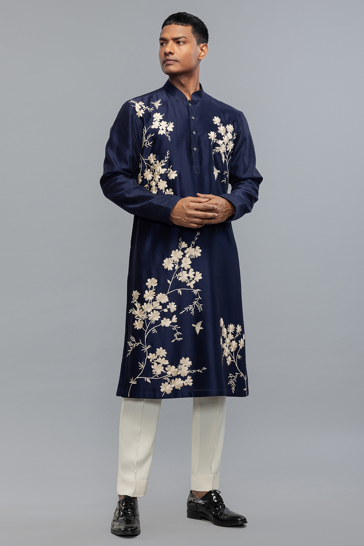 Indigo Blue Chanderi Thread Embroidered Kurta Set by Rohit Bal Men