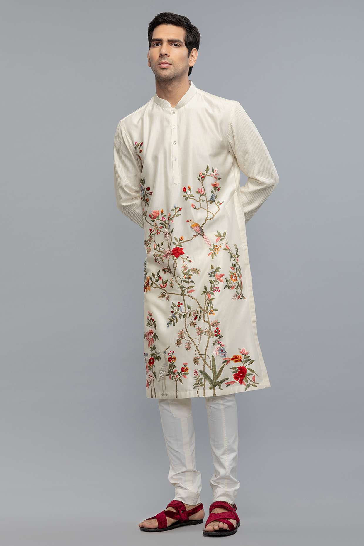 Ivory Chanderi Resham Embroidered Kurta Set by Rohit Bal Men