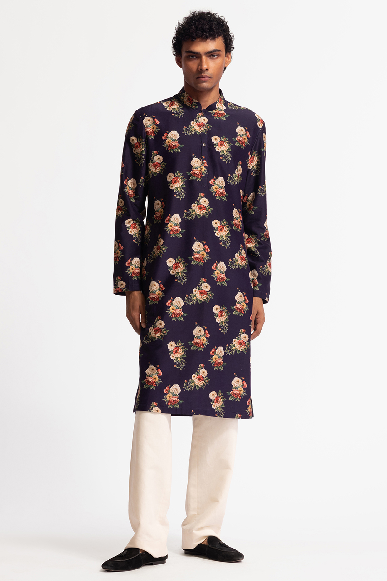 Indigo Blue Chanderi Digital Printed Kurta Set by Rohit Bal Men