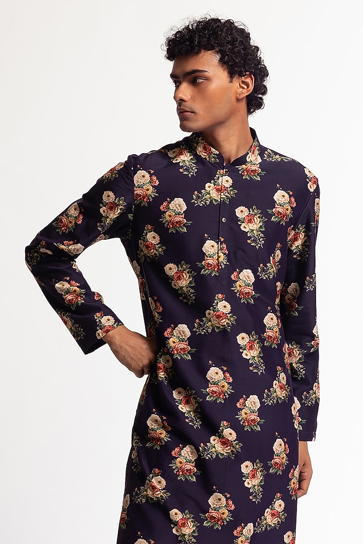 Indigo Blue Chanderi Digital Printed Kurta Set by Rohit Bal Men at Pernia's Pop Up Shop