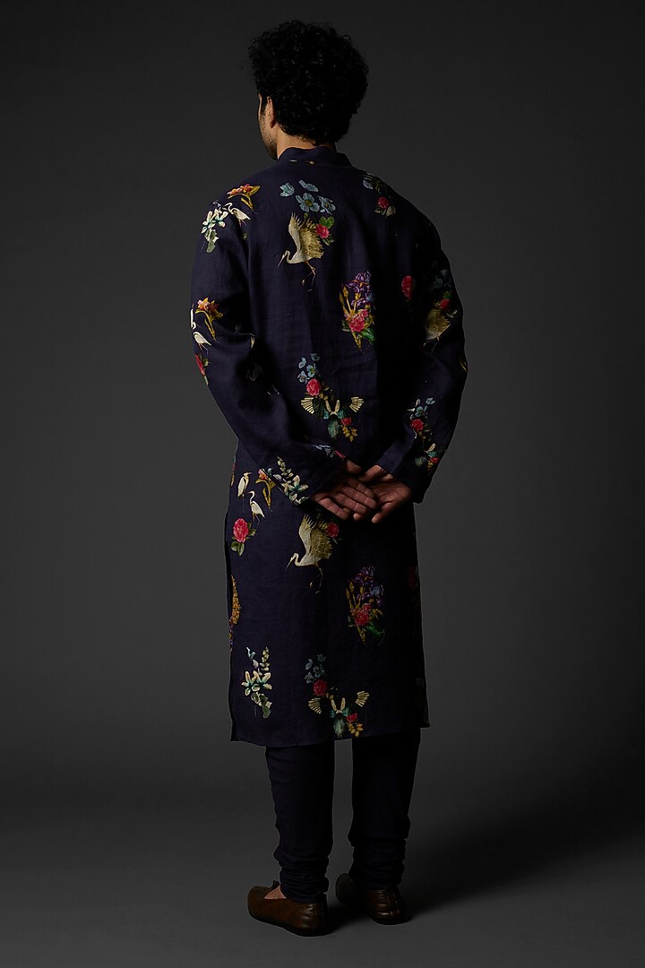 Indigo Blue Dupion Silk Printed Kurta Set by Rohit Bal Men at Pernia's Pop Up Shop