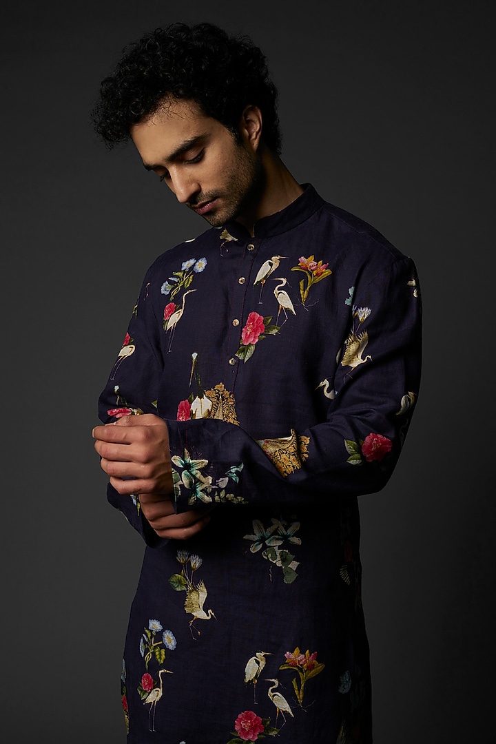 Indigo Blue Dupion Silk Printed Kurta Set by Rohit Bal Men at Pernia's Pop Up Shop
