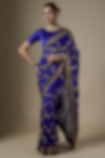 Royal Blue Pure Silk Organza Hand Embroidered Wedding Saree Set by Ranbir Mukherjee at Pernia's Pop Up Shop