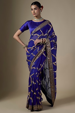 Royal Blue Pure Silk Organza Hand Embroidered Saree Set by Ranbir Mukherjee