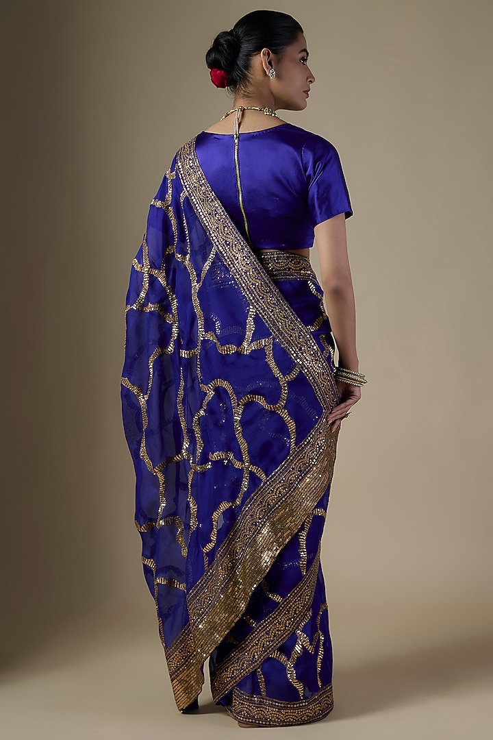 Royal Blue Pure Silk Organza Hand Embroidered Wedding Saree Set by Ranbir Mukherjee at Pernia's Pop Up Shop