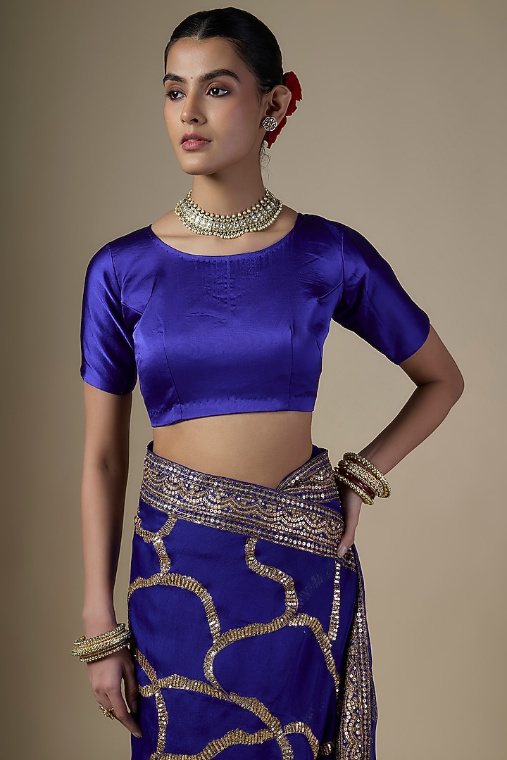 Royal Blue Pure Silk Organza Hand Embroidered Wedding Saree Set by Ranbir Mukherjee at Pernia's Pop Up Shop