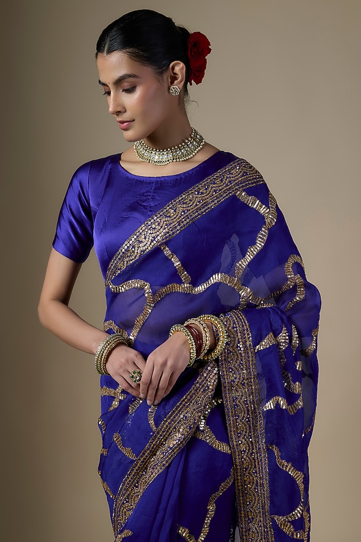 Royal Blue Pure Silk Organza Hand Embroidered Wedding Saree Set by Ranbir Mukherjee at Pernia's Pop Up Shop