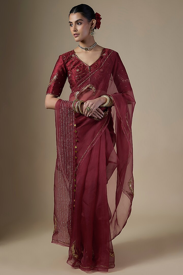 Maroon Pure Silk Organza Hand Embroidered Party Wear Saree Set by Ranbir Mukherjee at Pernia's Pop Up Shop