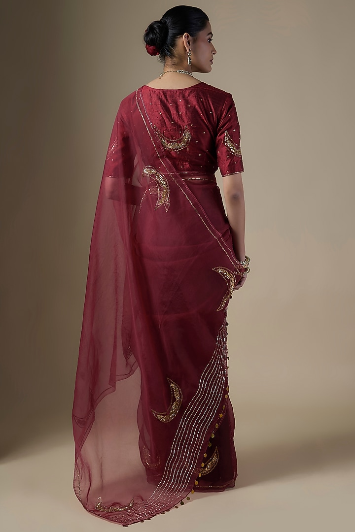 Maroon Pure Silk Organza Hand Embroidered Party Wear Saree Set by Ranbir Mukherjee at Pernia's Pop Up Shop