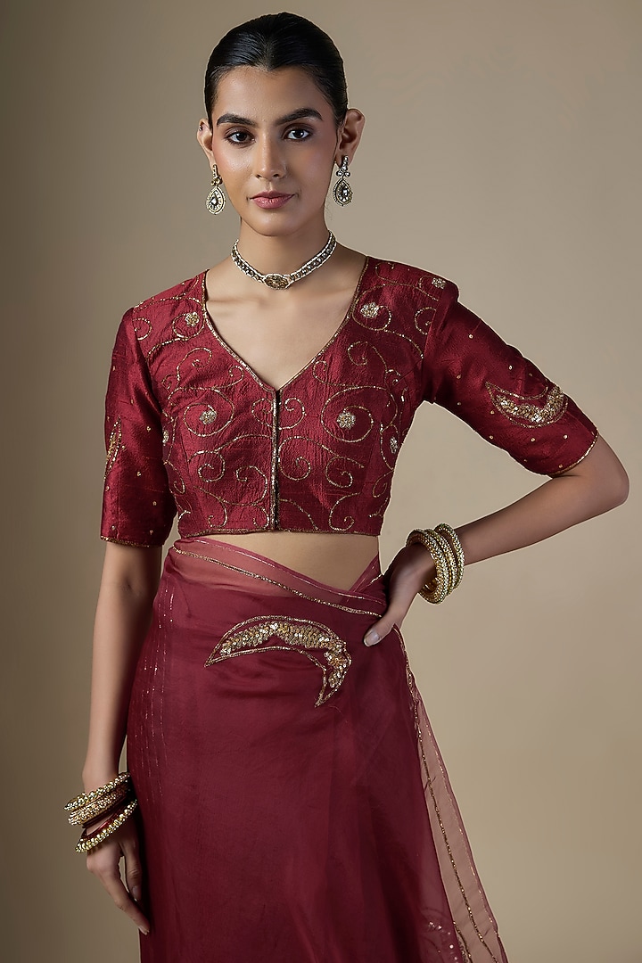 Maroon Pure Silk Organza Hand Embroidered Party Wear Saree Set by Ranbir Mukherjee at Pernia's Pop Up Shop