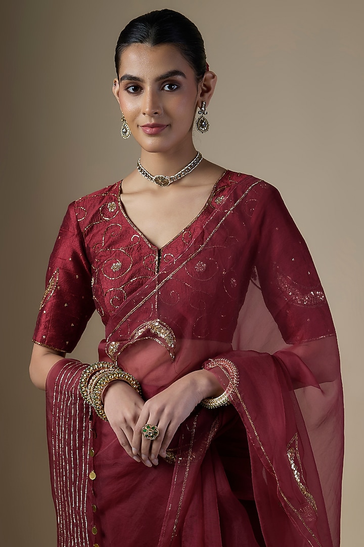 Maroon Pure Silk Organza Hand Embroidered Party Wear Saree Set by Ranbir Mukherjee at Pernia's Pop Up Shop