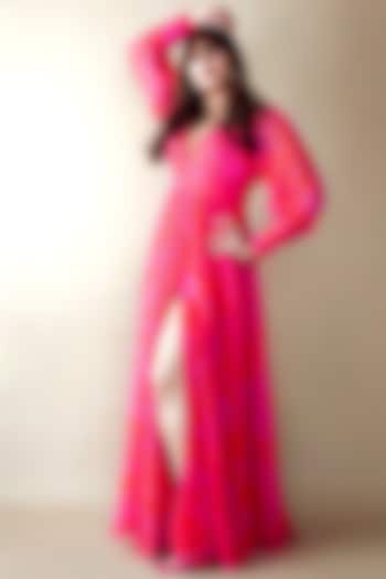 Pink & Red Printed Dress by Ranbir Mukherjee