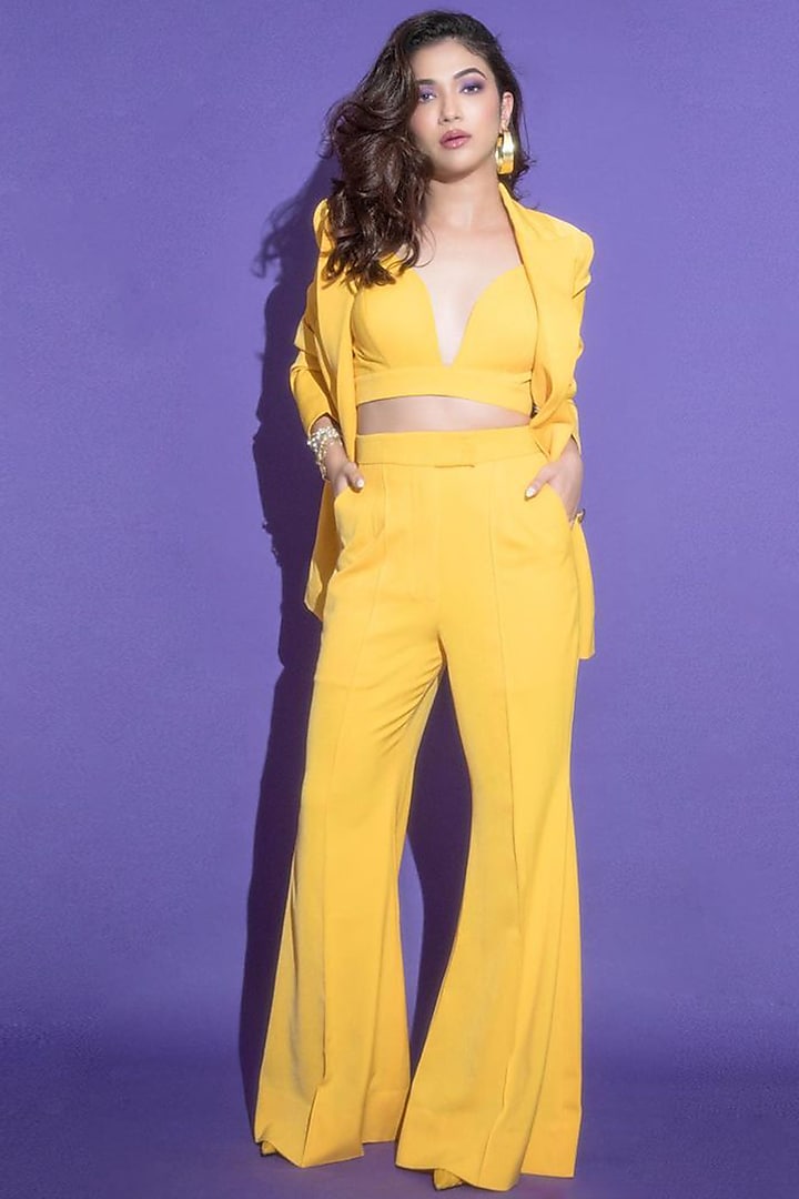 Yellow Volvo Blazer Set by Ranbir Mukherjee at Pernia's Pop Up Shop