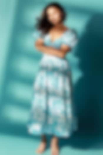 Sky Blue & White Georgette Skirt Set by Ranbir Mukherjee