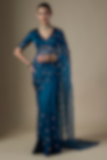 Peacock Blue Pure Silk Organza Hand Embroidered Party Wear Saree Set by Ranbir Mukherjee at Pernia's Pop Up Shop