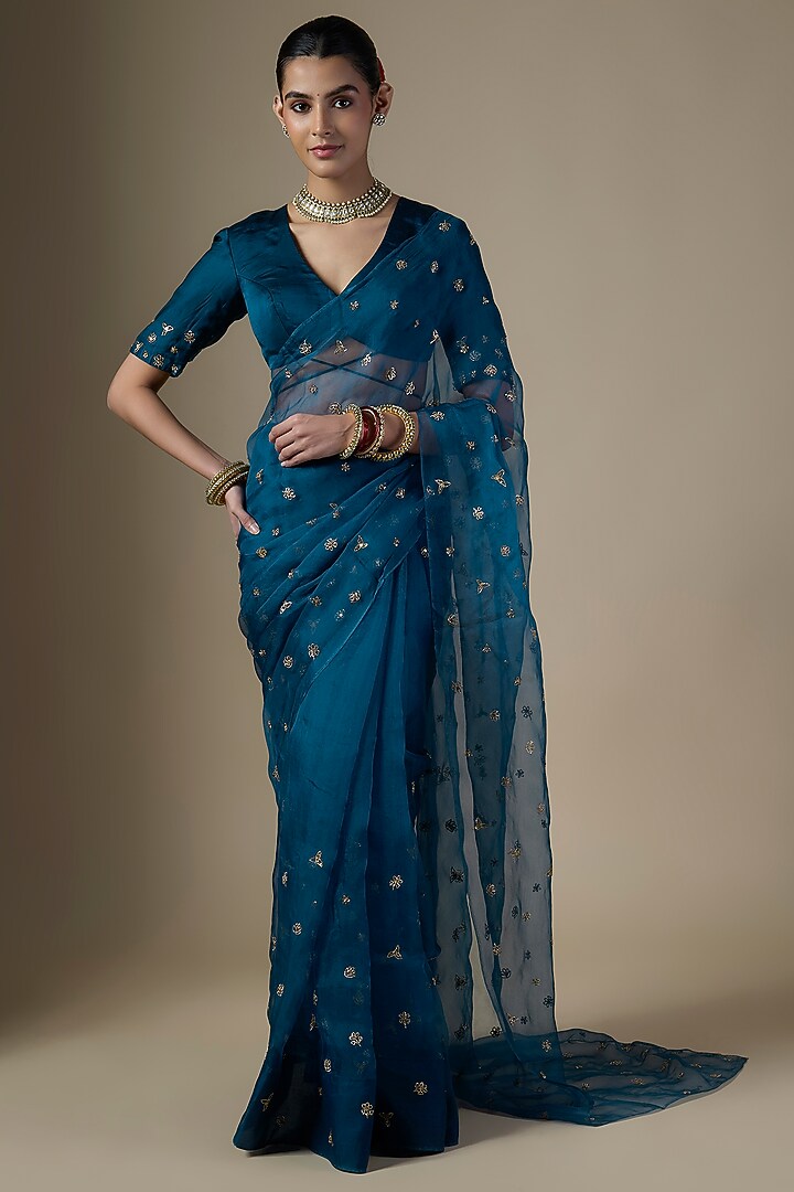 Peacock Blue Pure Silk Organza Hand Embroidered Party Wear Saree Set by Ranbir Mukherjee at Pernia's Pop Up Shop