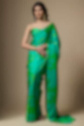 Greenish Blue Satin Silk Abstract Printed Festive Saree Set by Ranbir Mukherjee at Pernia's Pop Up Shop