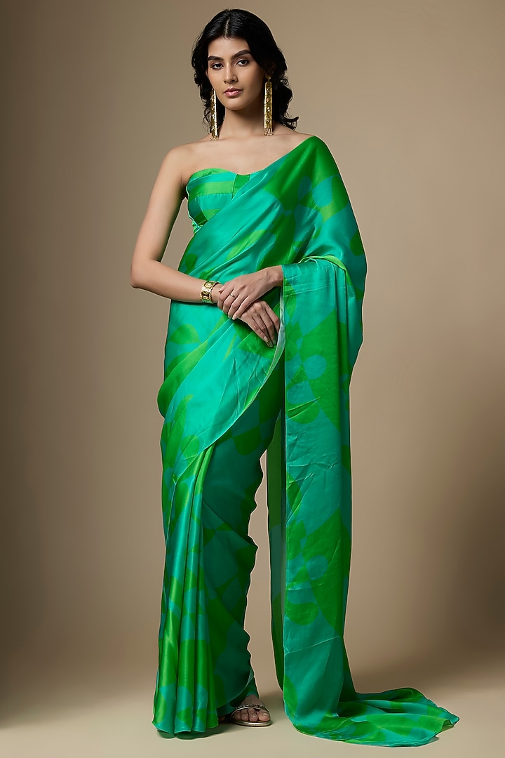 Greenish Blue Satin Silk Abstract Printed Festive Saree Set by Ranbir Mukherjee at Pernia's Pop Up Shop